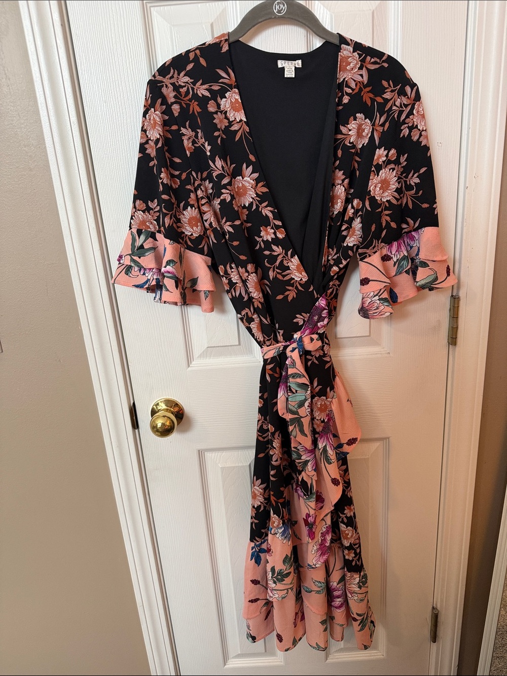 Spense Black and Peach Floral High-Low Wrap Dress Beautiful dress. Worn once